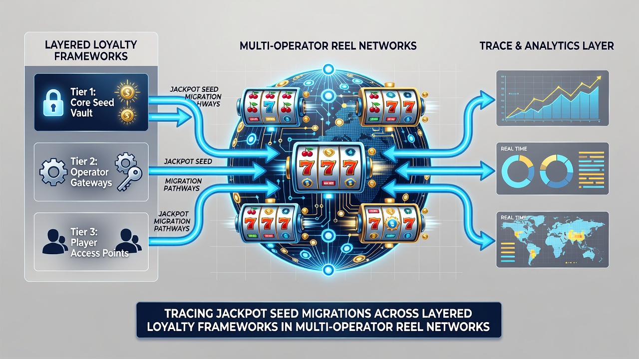 Flow chart illustrating layered loyalty tiers and jackpot seed redistribution across reel operators